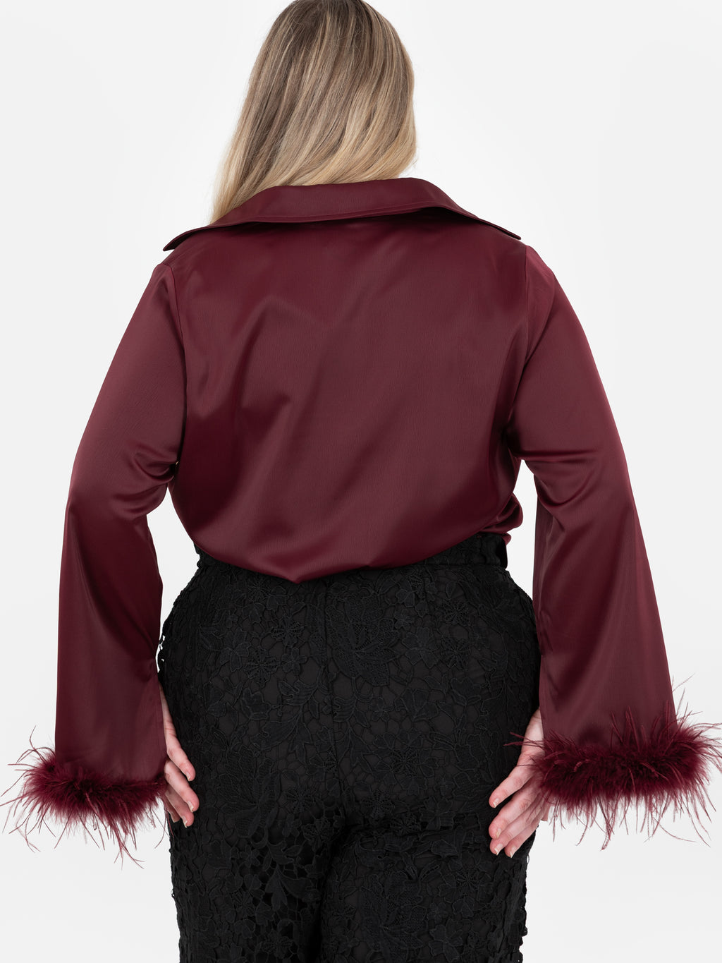 Lovedrobe Burgundy Satin Shirt with Feather Cuffs