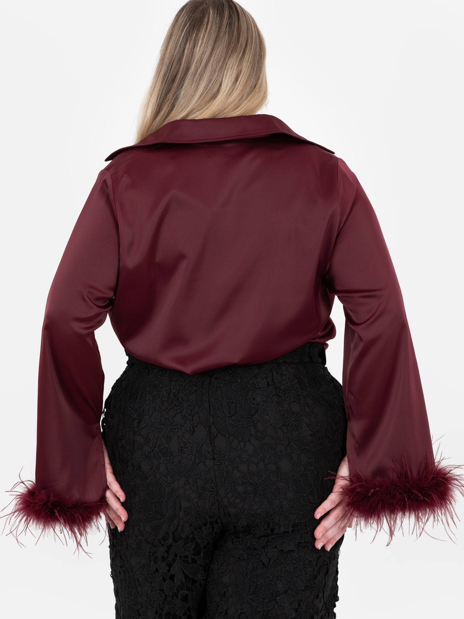 Lovedrobe Burgundy Satin Shirt with Feather Cuffs