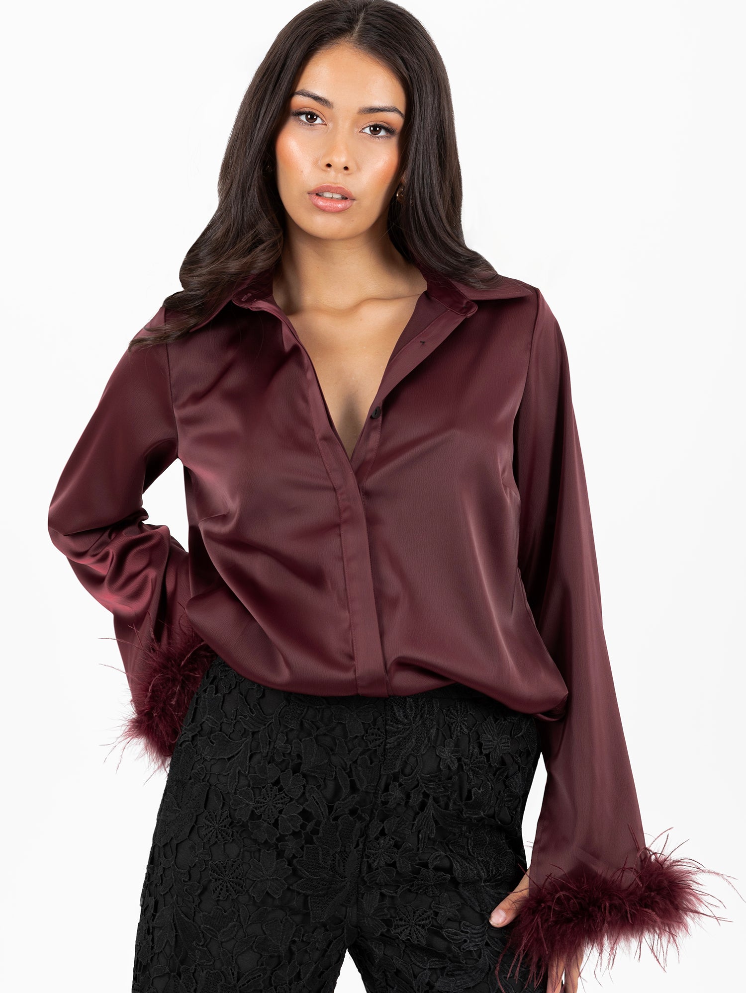 Lovedrobe Burgundy Satin Shirt with Feather Cuffs