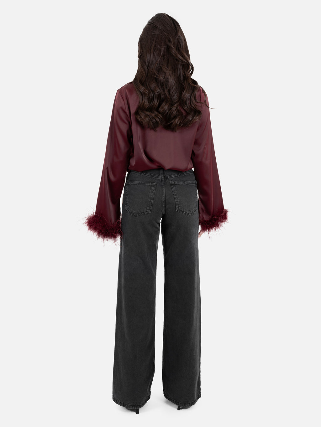 Lovedrobe Burgundy Satin Shirt with Feather Cuffs