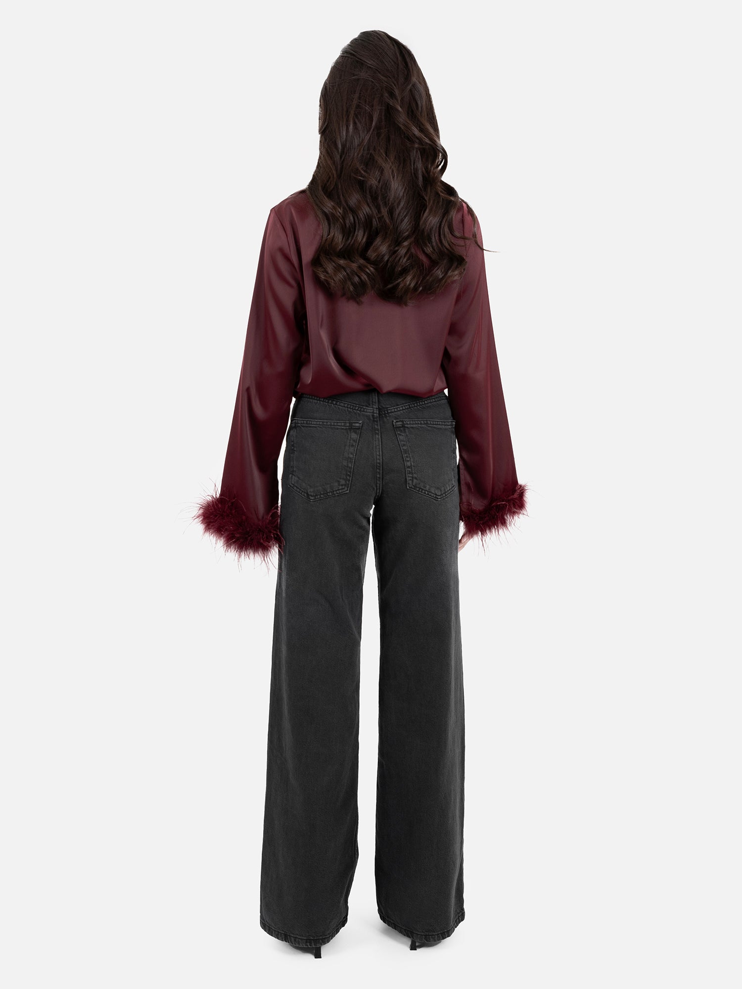 Lovedrobe Burgundy Satin Shirt with Feather Cuffs