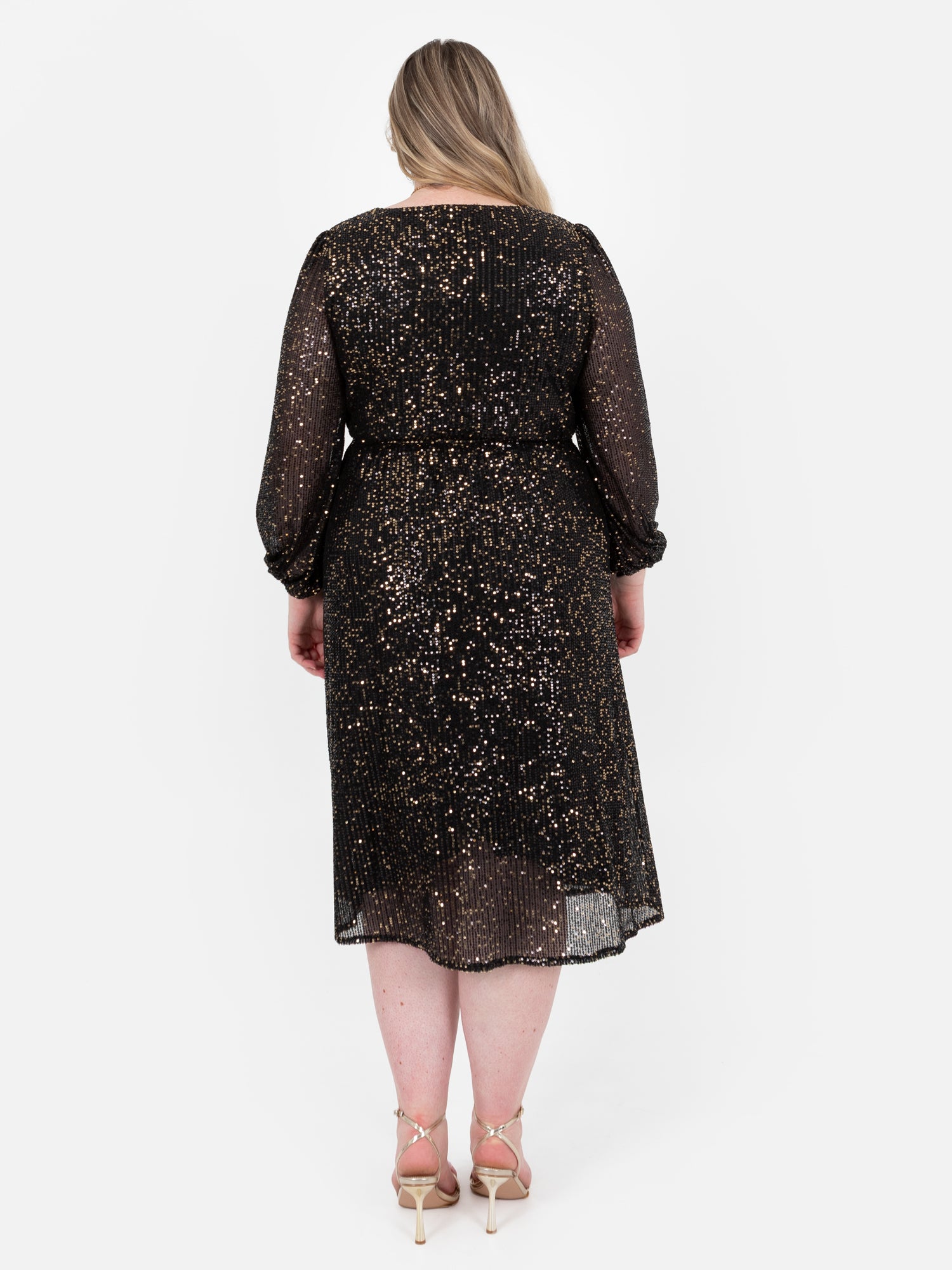 Lovedrobe Black & Gold Sequin Faux Wrap Long Sleeve Midi Dress