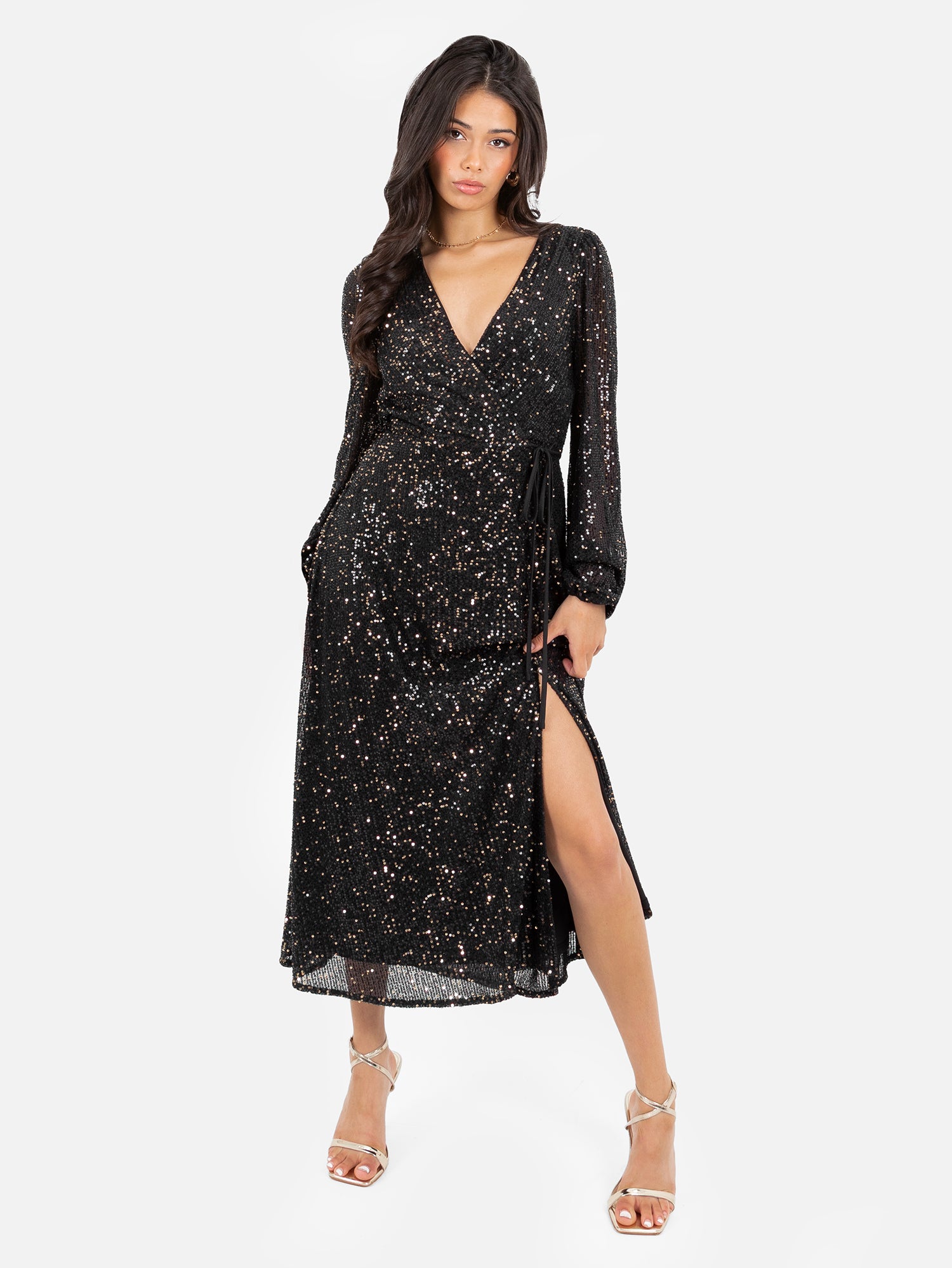 Lovedrobe Black & Gold Sequin Faux Wrap Long Sleeve Midi Dress
