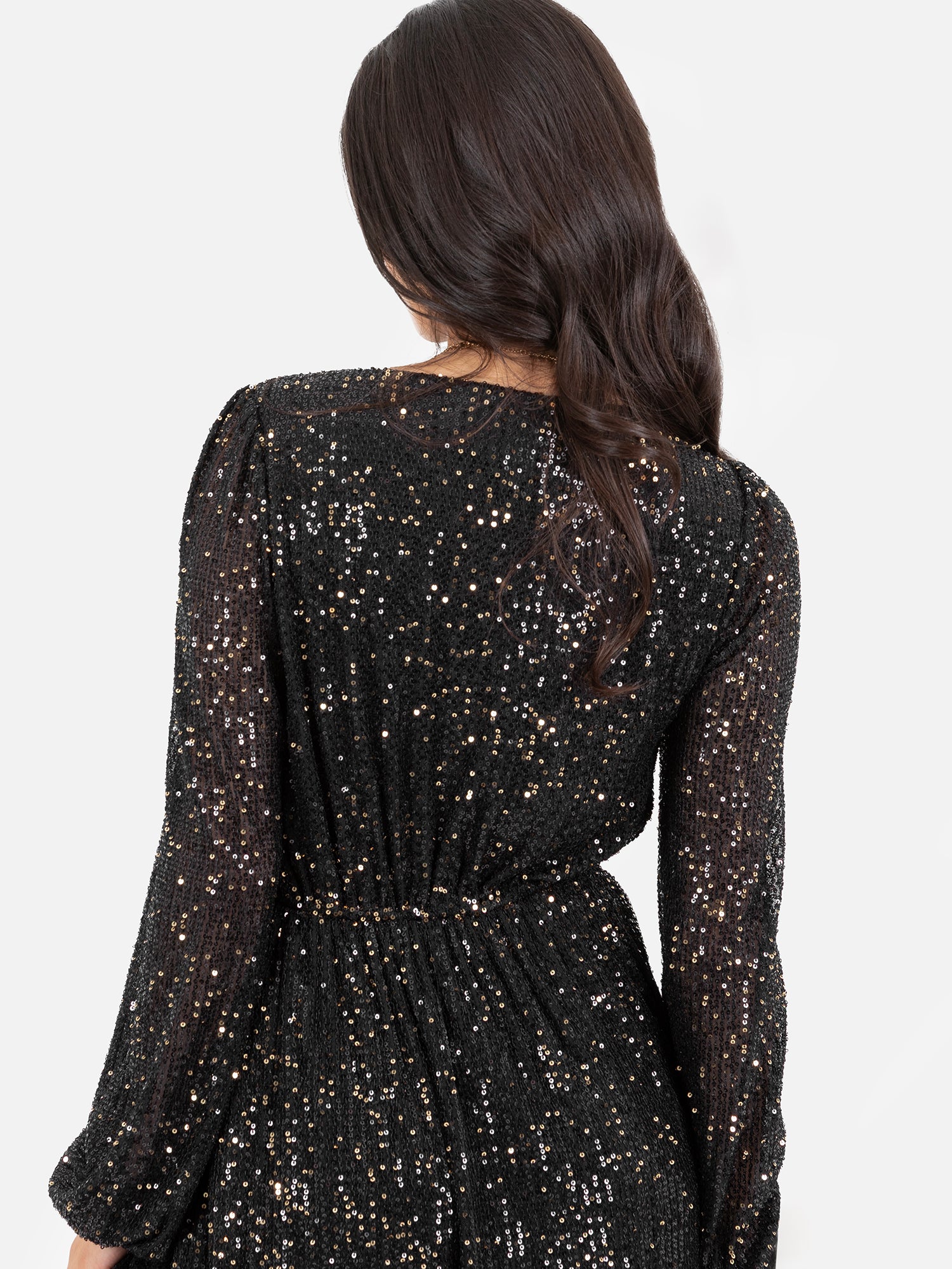 Lovedrobe Black & Gold Sequin Faux Wrap Long Sleeve Midi Dress