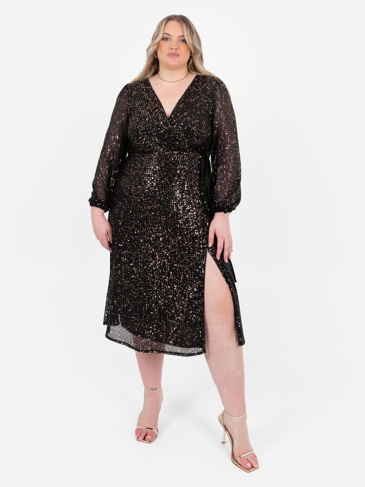Lovedrobe Black & Gold Sequin Faux Wrap Long Sleeve Midi Dress