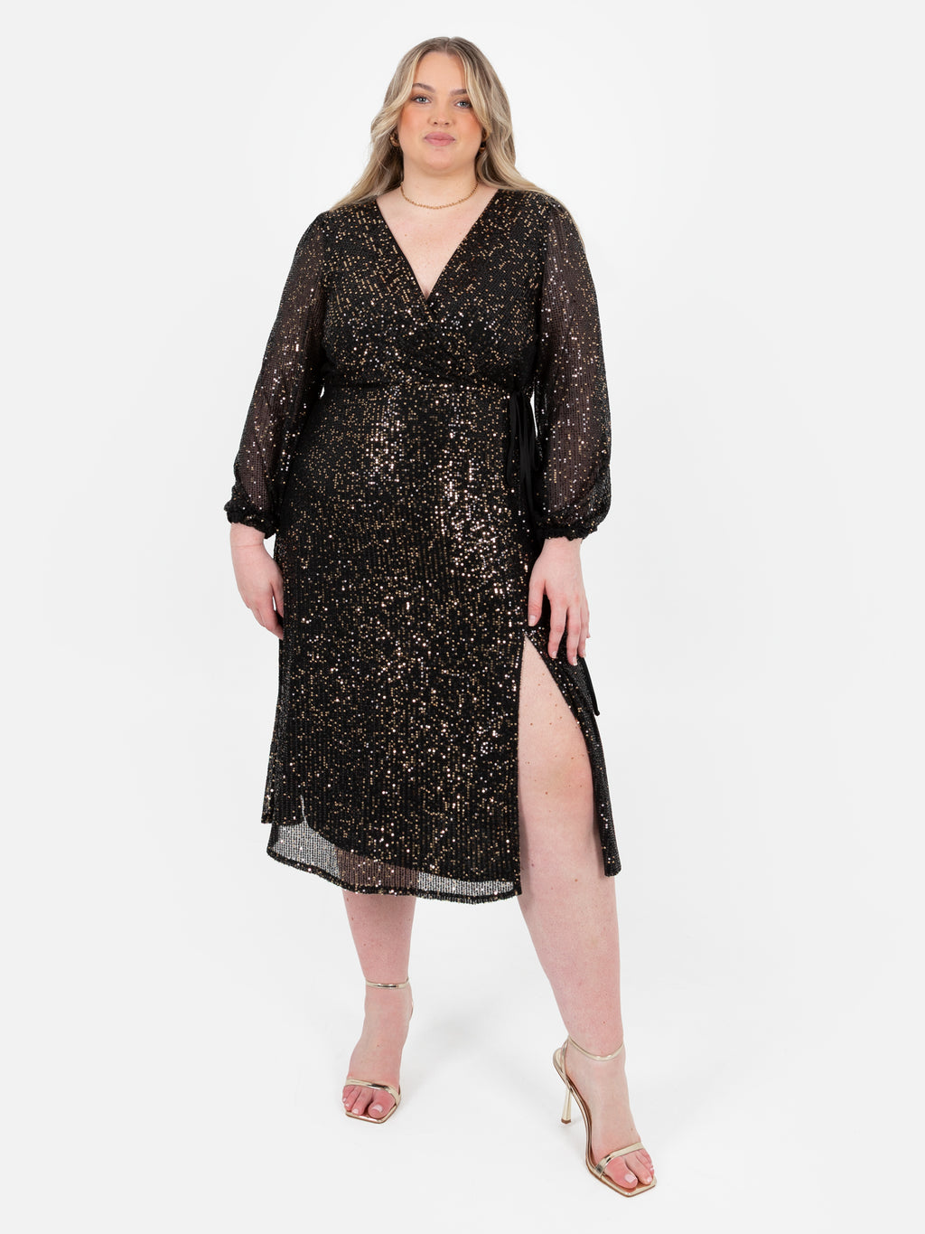 Lovedrobe Black & Gold Sequin Faux Wrap Long Sleeve Midi Dress