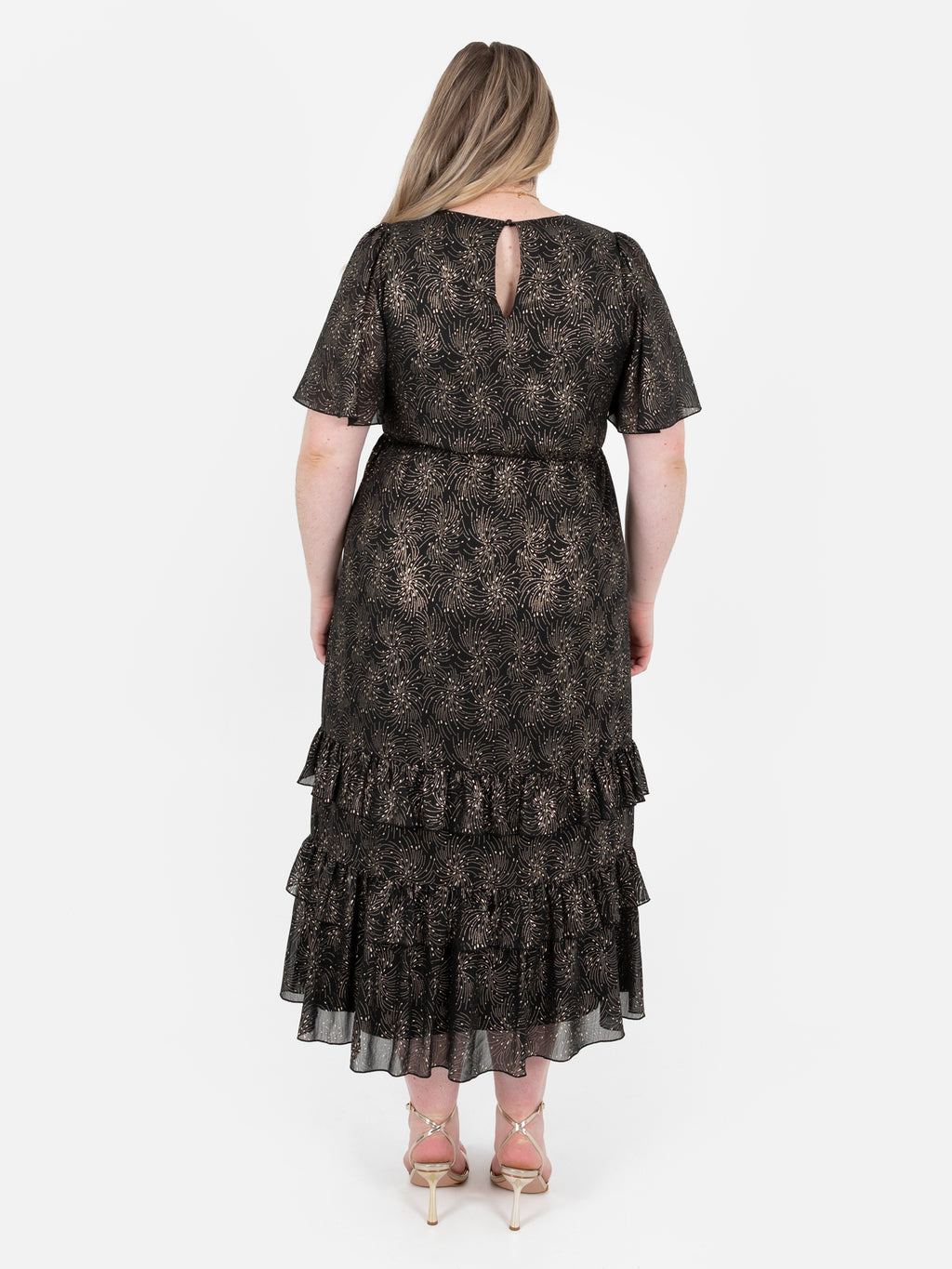 Lovedrobe Gold Foil Detail Angel Sleeve Ruffled Midaxi Dress