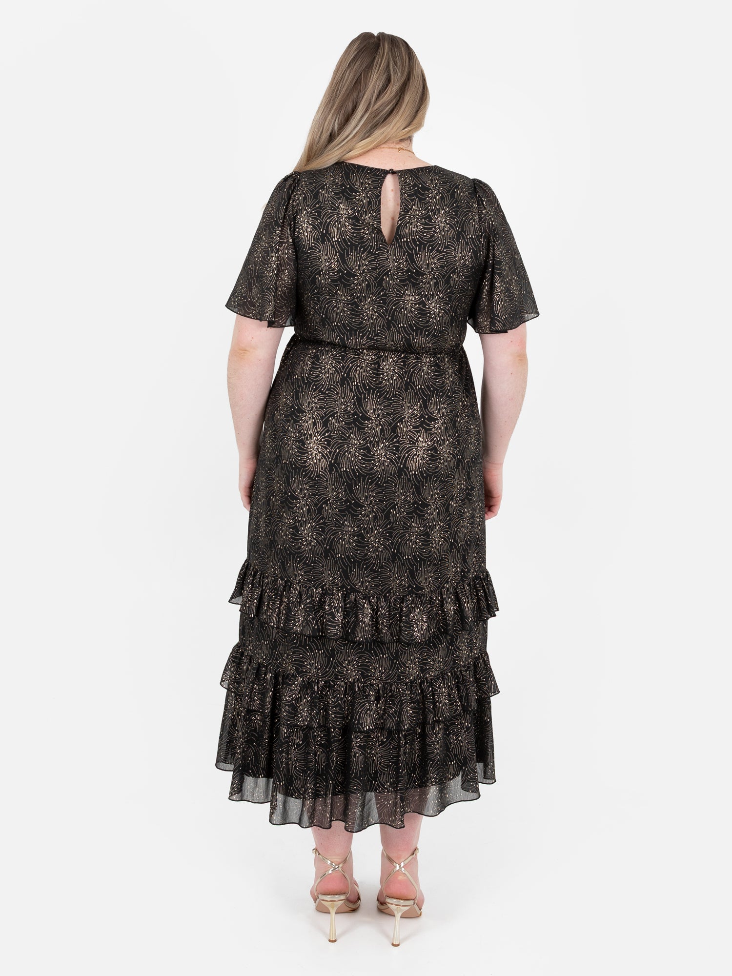 Lovedrobe Gold Foil Detail Angel Sleeve Ruffled Midaxi Dress