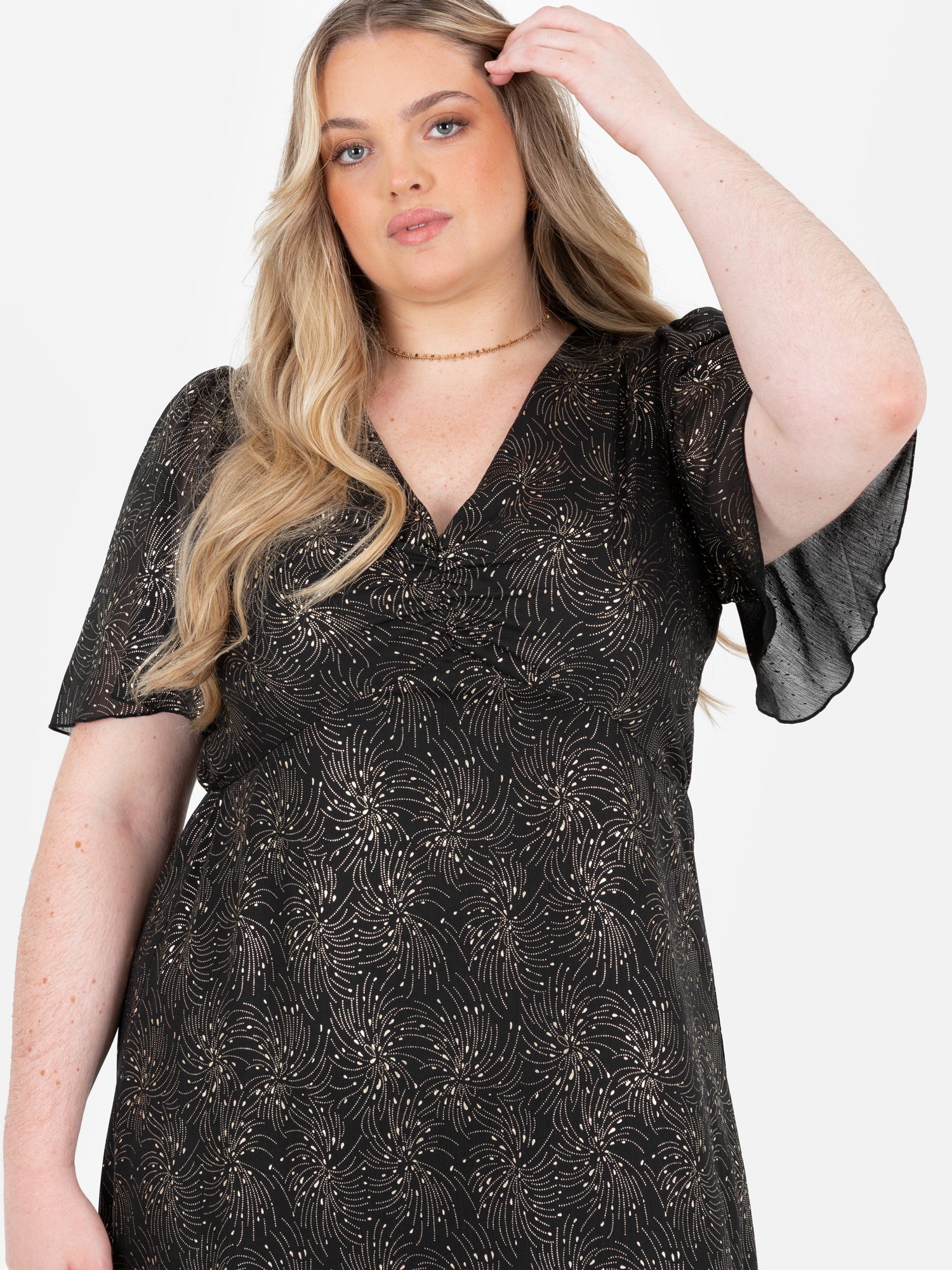 Lovedrobe Gold Foil Detail Angel Sleeve Ruffled Midaxi Dress