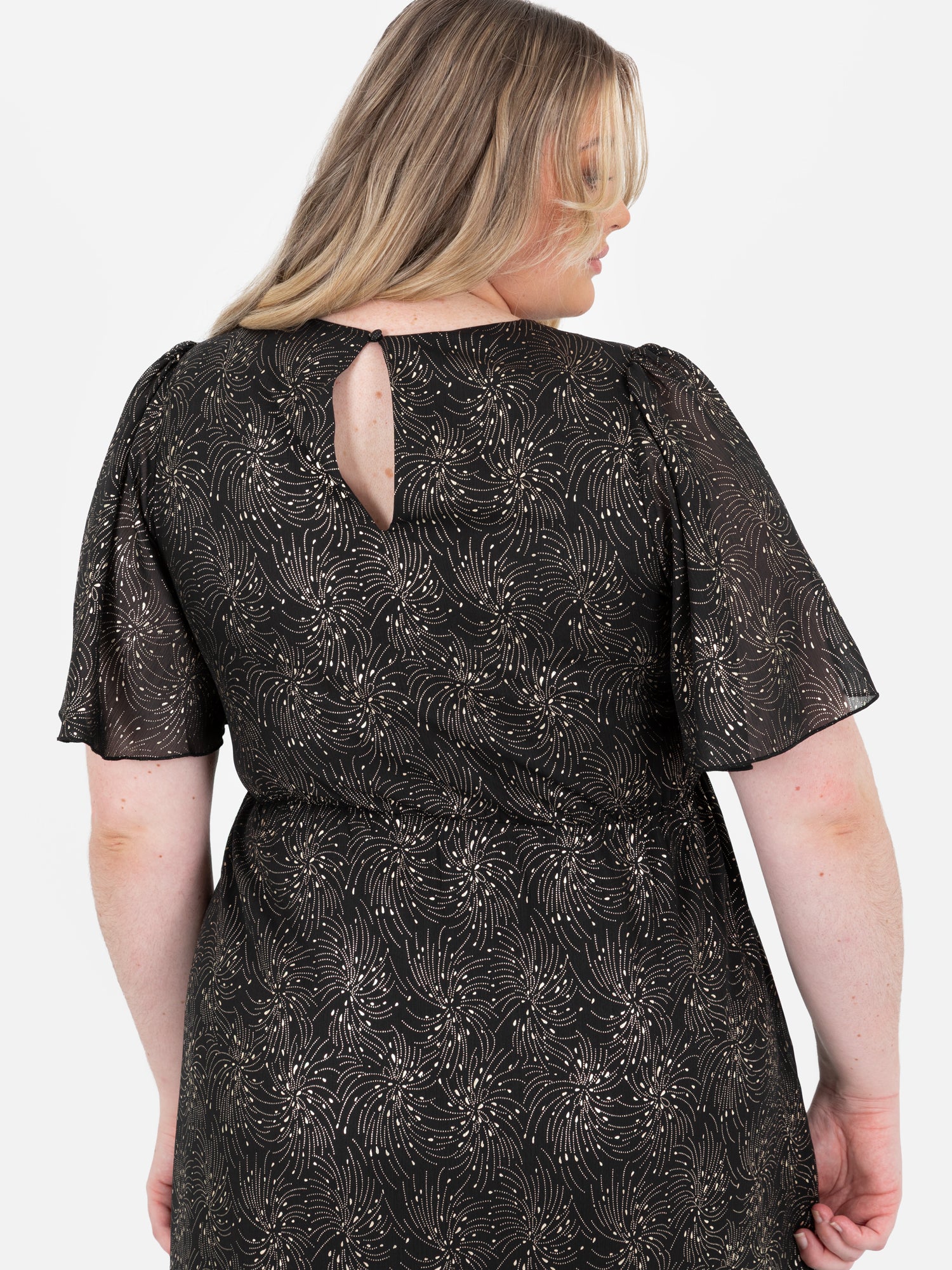 Lovedrobe Gold Foil Detail Angel Sleeve Ruffled Midaxi Dress