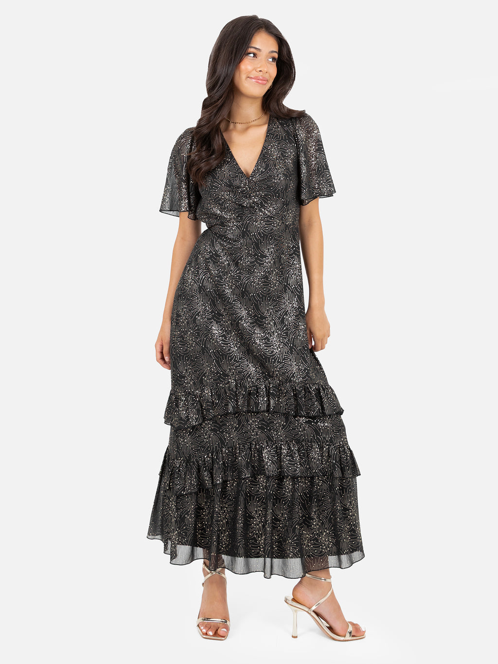 Lovedrobe Gold Foil Detail Angel Sleeve Ruffled Midaxi Dress