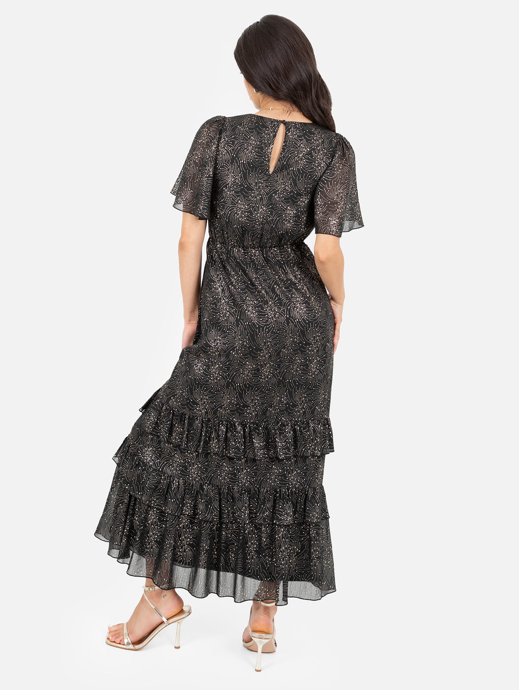 Lovedrobe Gold Foil Detail Angel Sleeve Ruffled Midaxi Dress