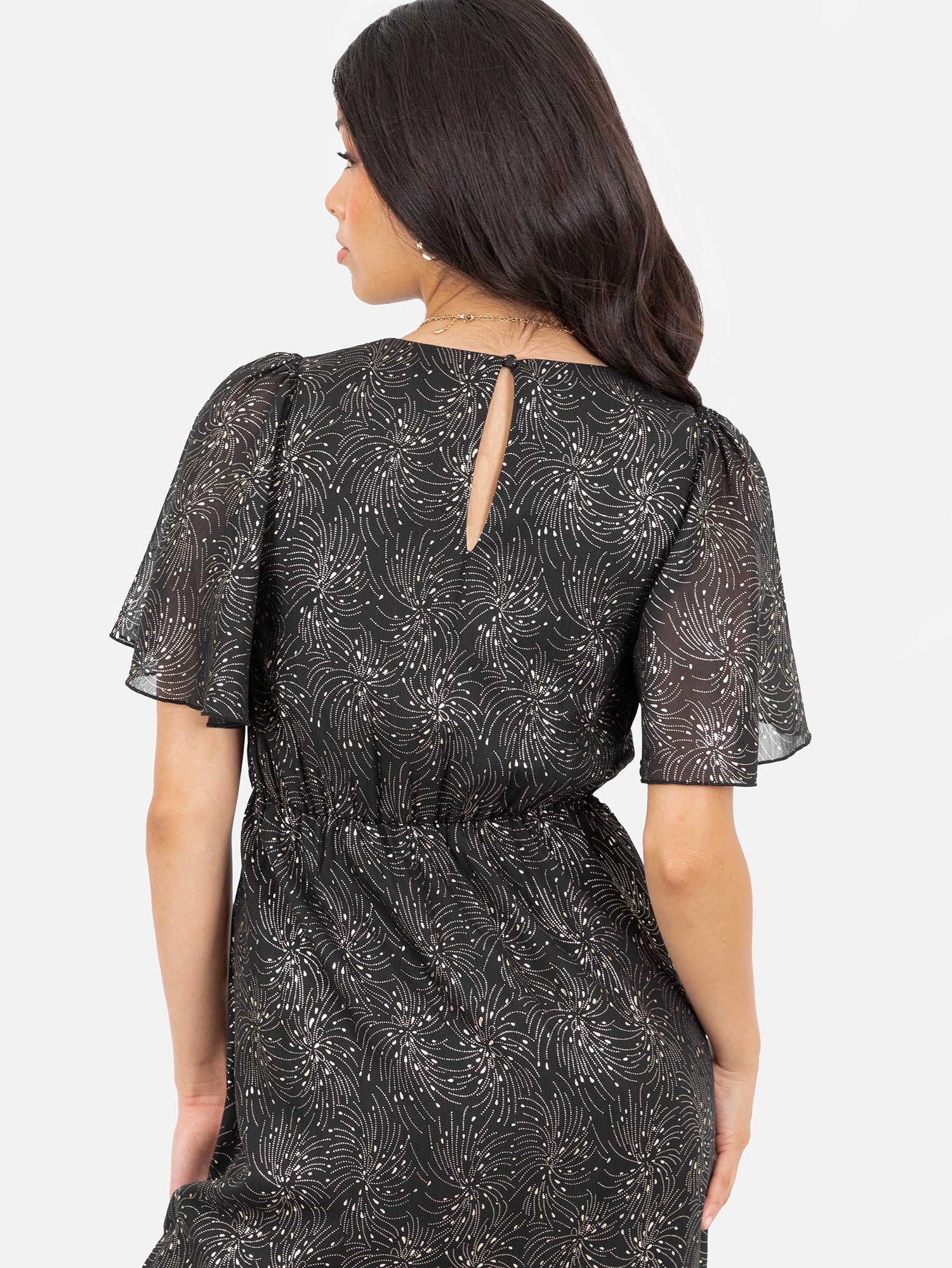 Lovedrobe Gold Foil Detail Angel Sleeve Ruffled Midaxi Dress