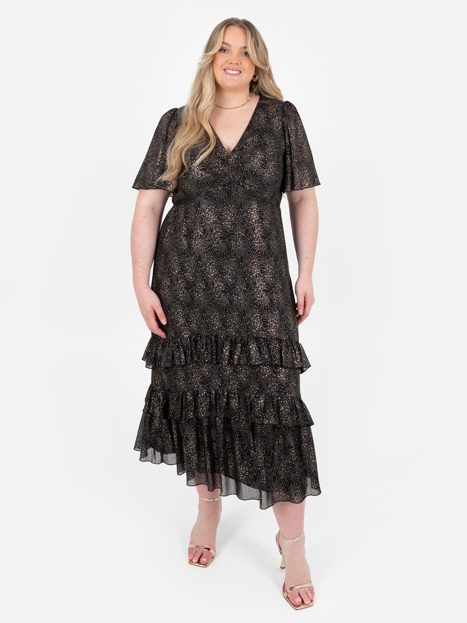 Lovedrobe Gold Foil Detail Angel Sleeve Ruffled Midaxi Dress