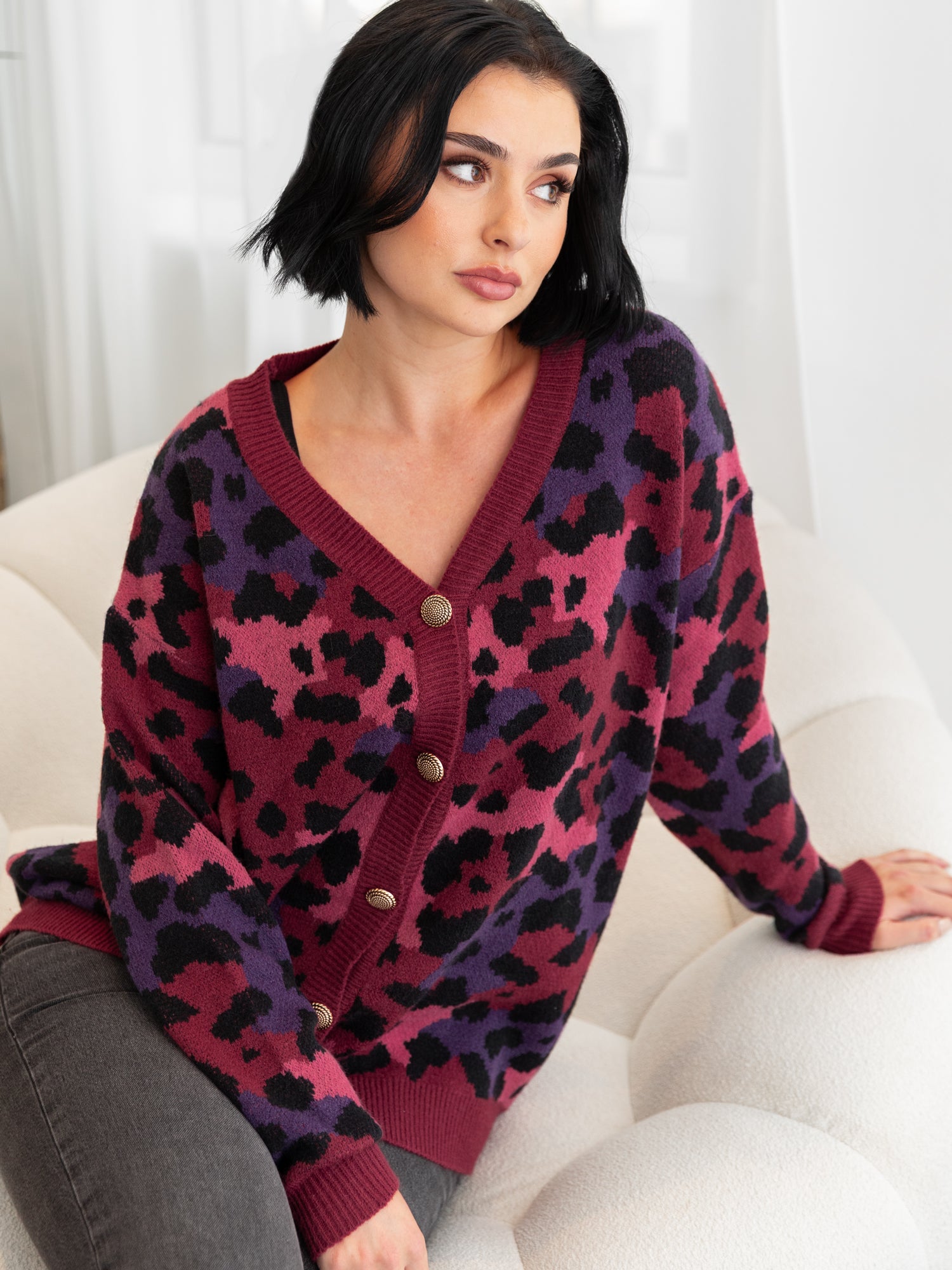 Lovedrobe Leopard Jacquard V Neck Longline Cardigan