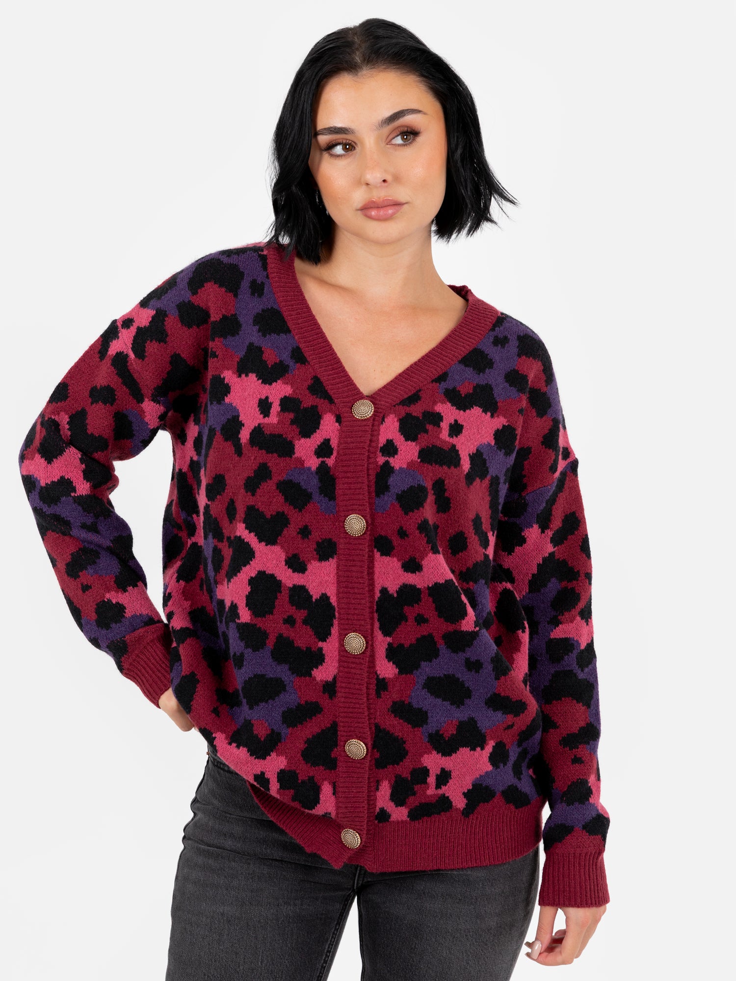 Lovedrobe Leopard Jacquard V Neck Longline Cardigan