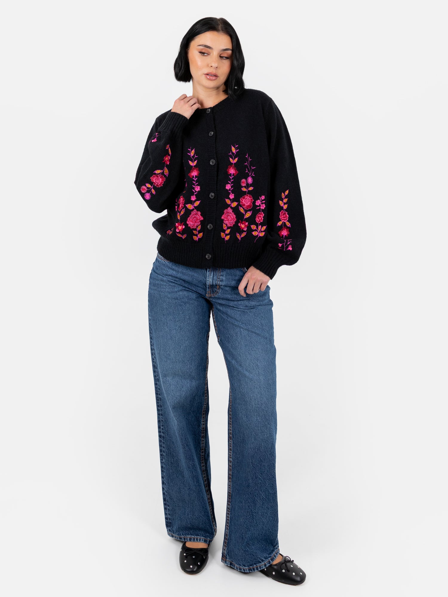 Lovedrobe Floral Embroidered Black Cardigan