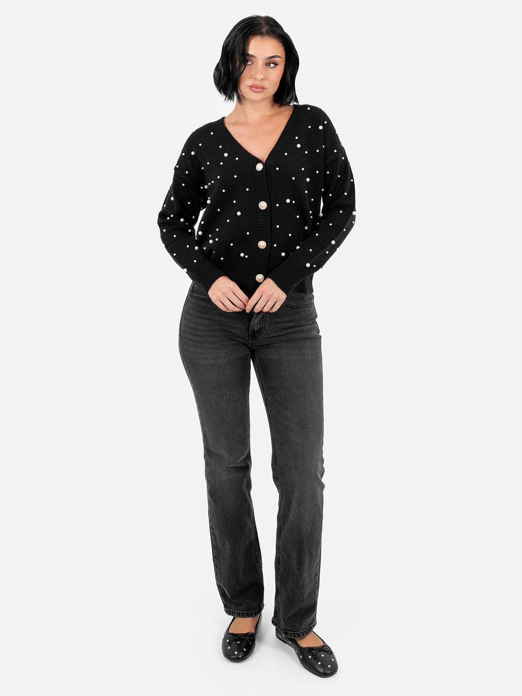 Lovedrobe Pearl Embellished Black Cardigan