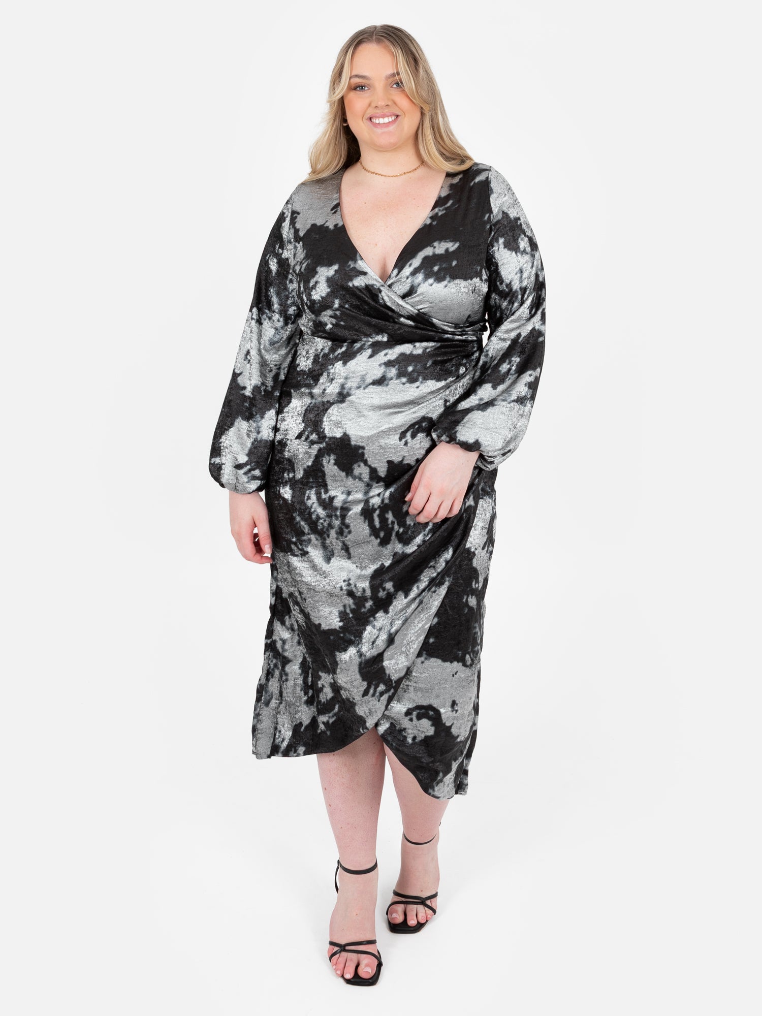Lovedrobe Black and Silver Long Sleeve Faux Wrap Gathered Midaxi Dress