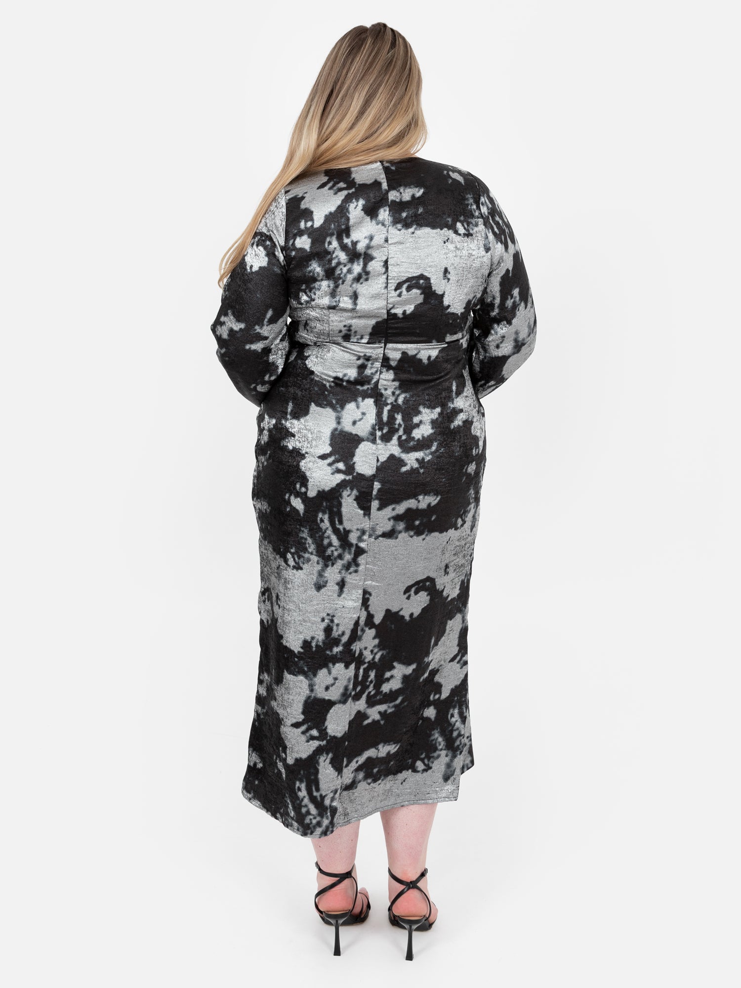 Lovedrobe Black and Silver Long Sleeve Faux Wrap Gathered Midaxi Dress