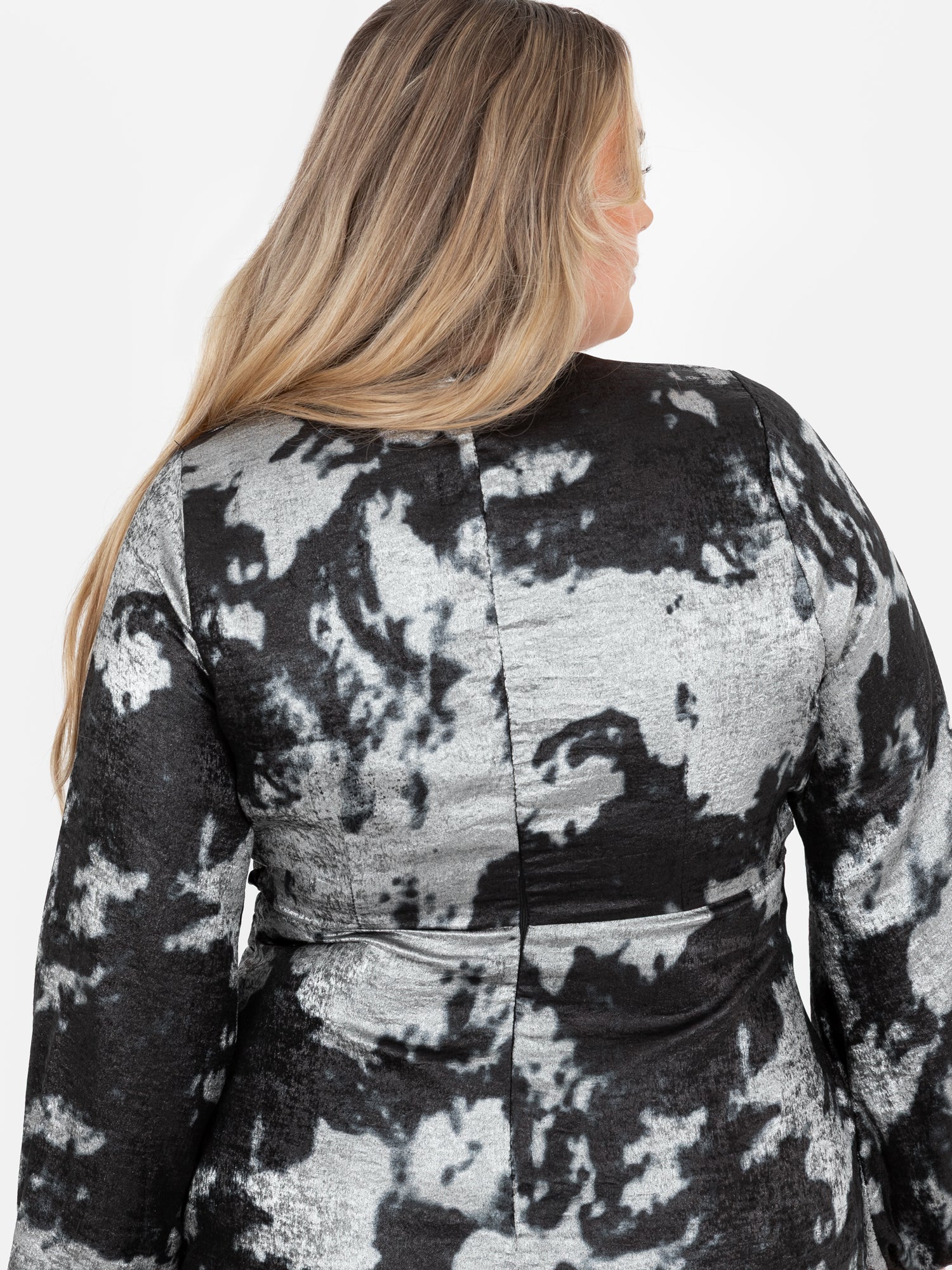 Lovedrobe Black and Silver Long Sleeve Faux Wrap Gathered Midaxi Dress