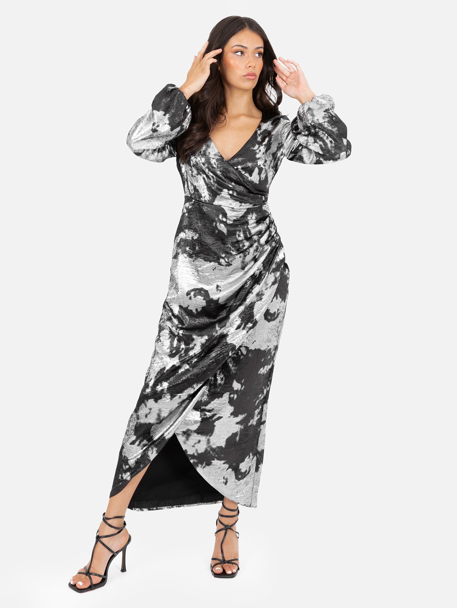 Lovedrobe Black and Silver Long Sleeve Faux Wrap Gathered Midaxi Dress