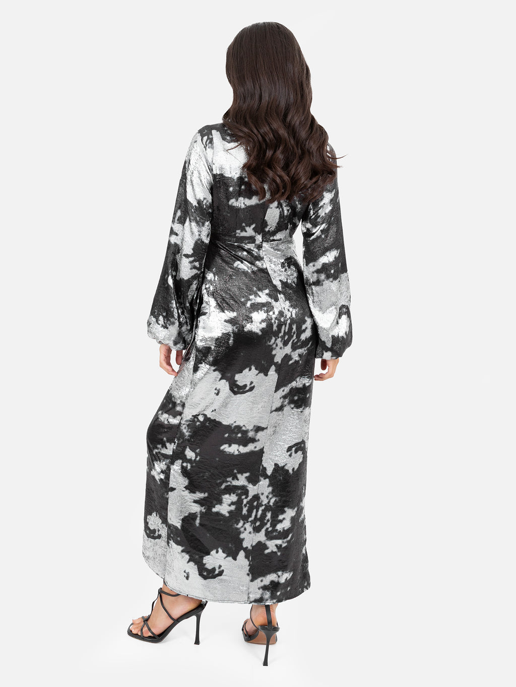 Lovedrobe Black and Silver Long Sleeve Faux Wrap Gathered Midaxi Dress