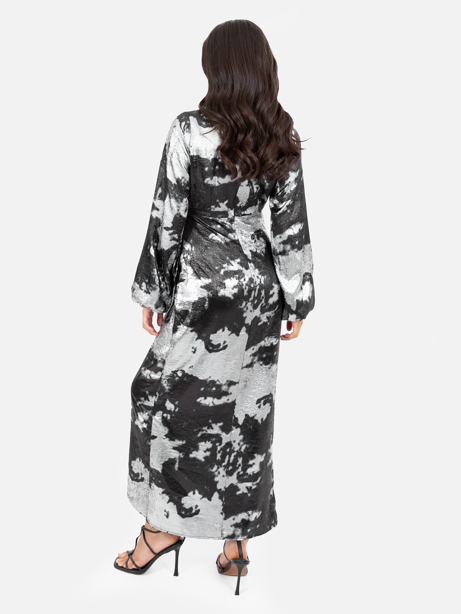 Lovedrobe Black and Silver Long Sleeve Faux Wrap Gathered Midaxi Dress