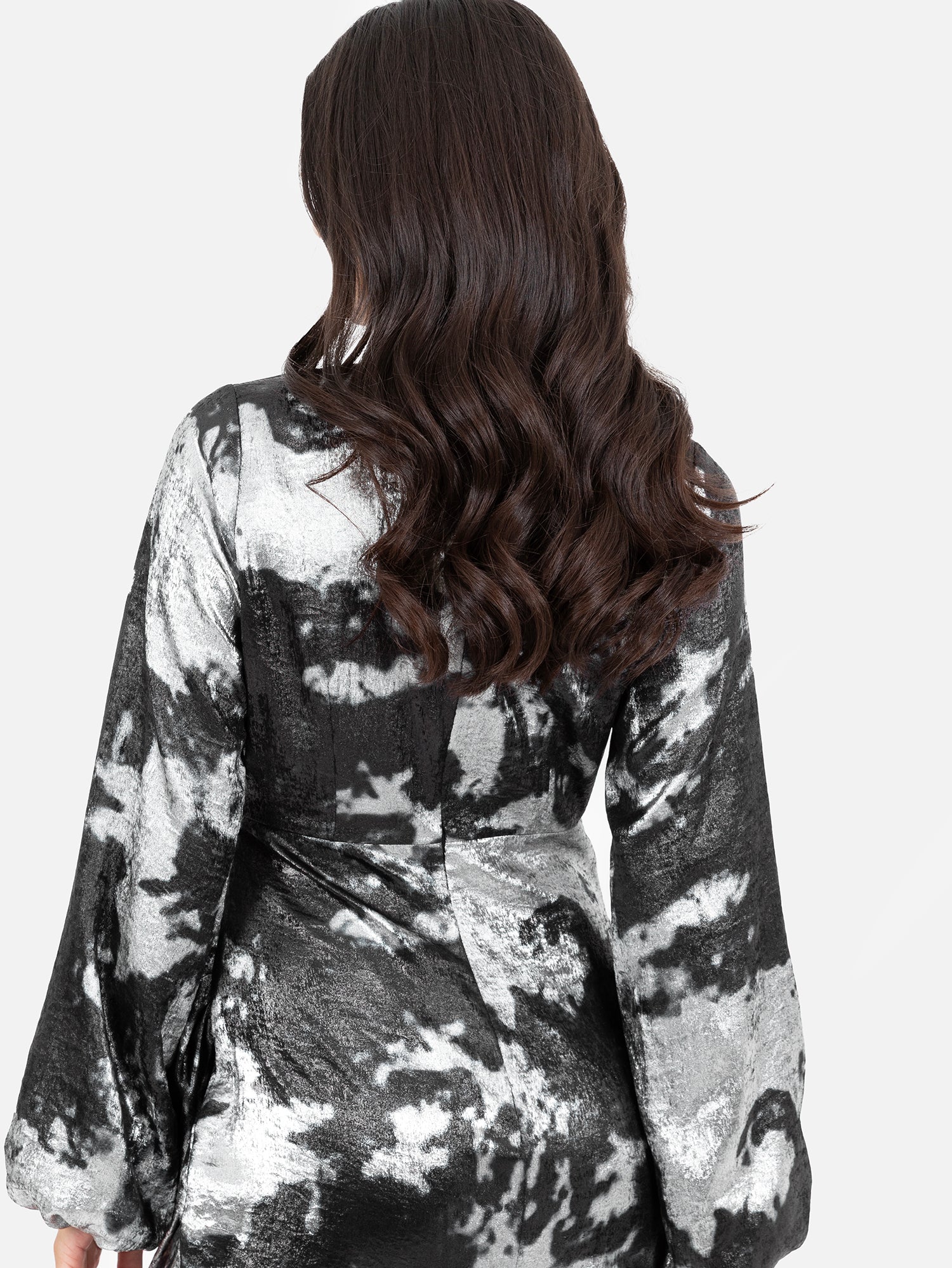 Lovedrobe Black and Silver Long Sleeve Faux Wrap Gathered Midaxi Dress