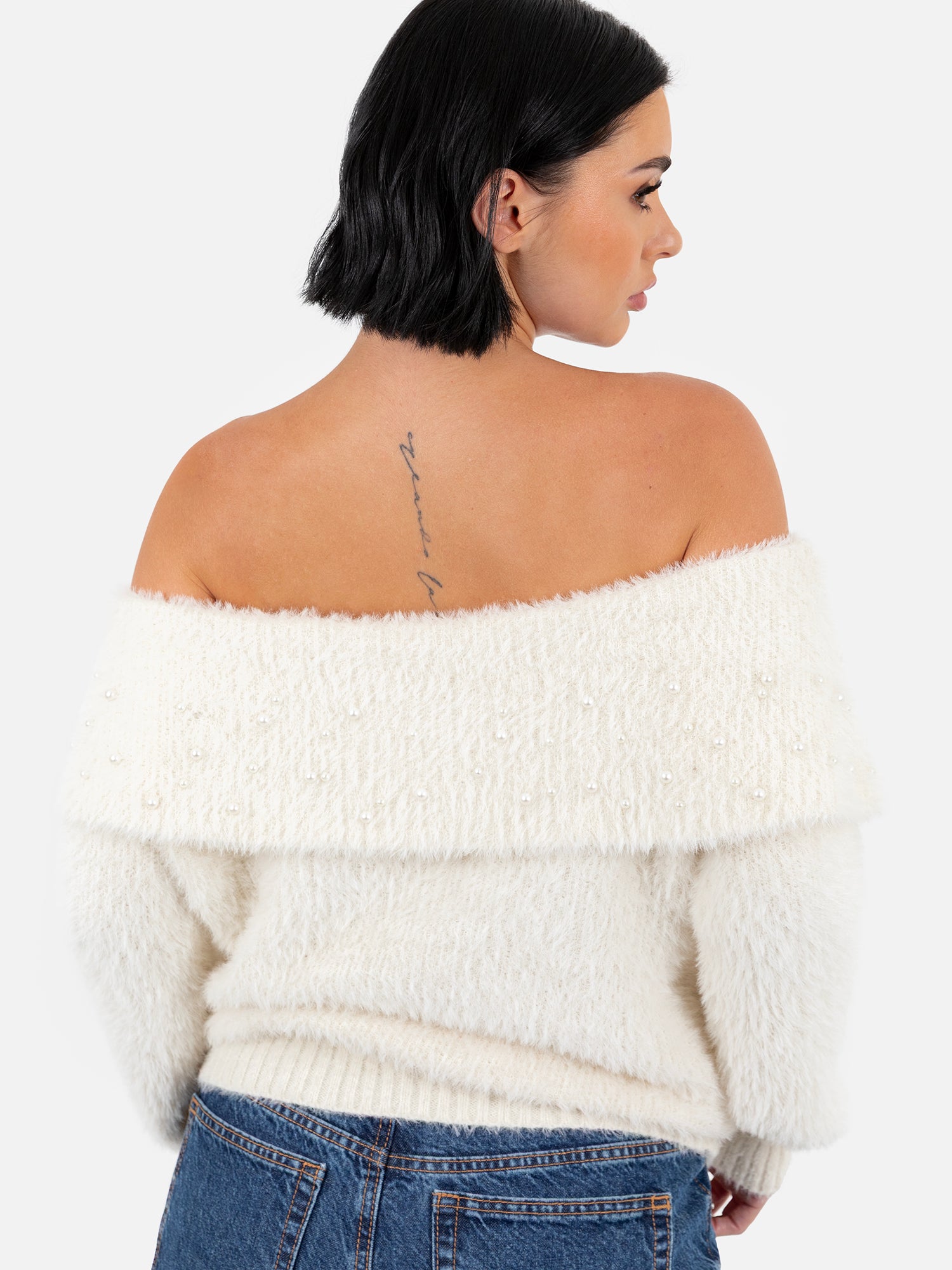 Lovedrobe Velvet Bow & Pearl Embellished Ivory Bardot Jumper