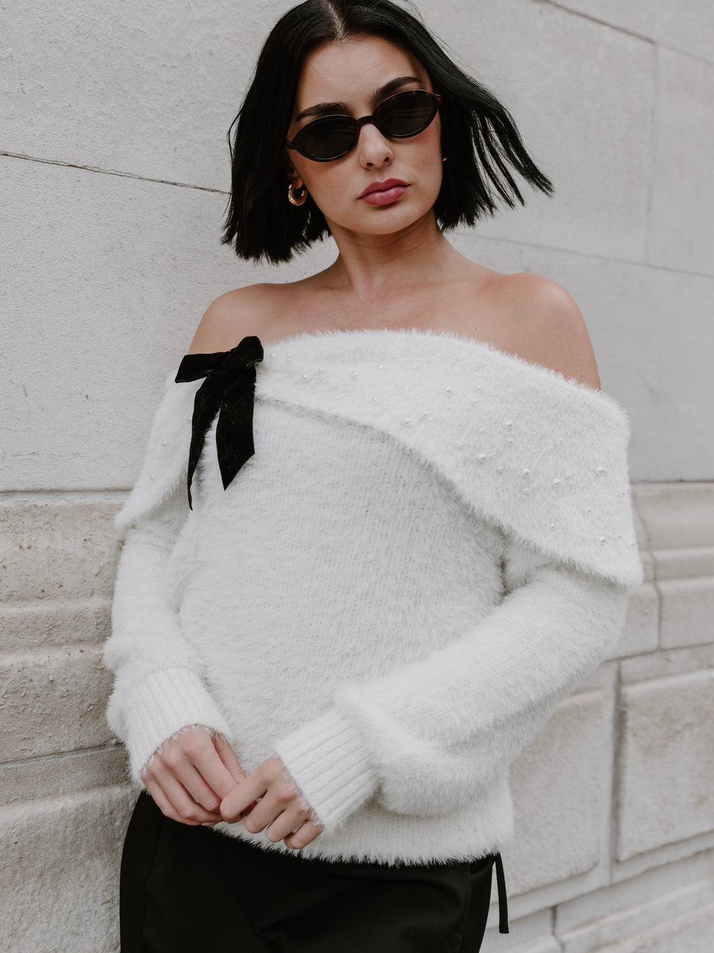Lovedrobe Velvet Bow & Pearl Embellished Ivory Bardot Jumper