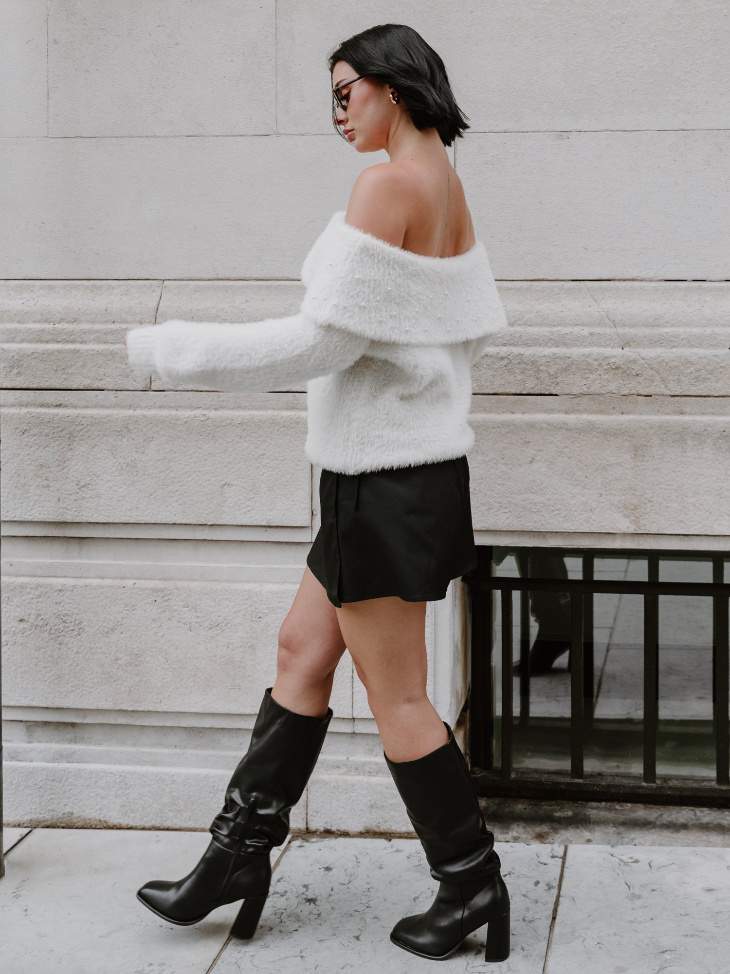 Lovedrobe Velvet Bow & Pearl Embellished Ivory Bardot Jumper