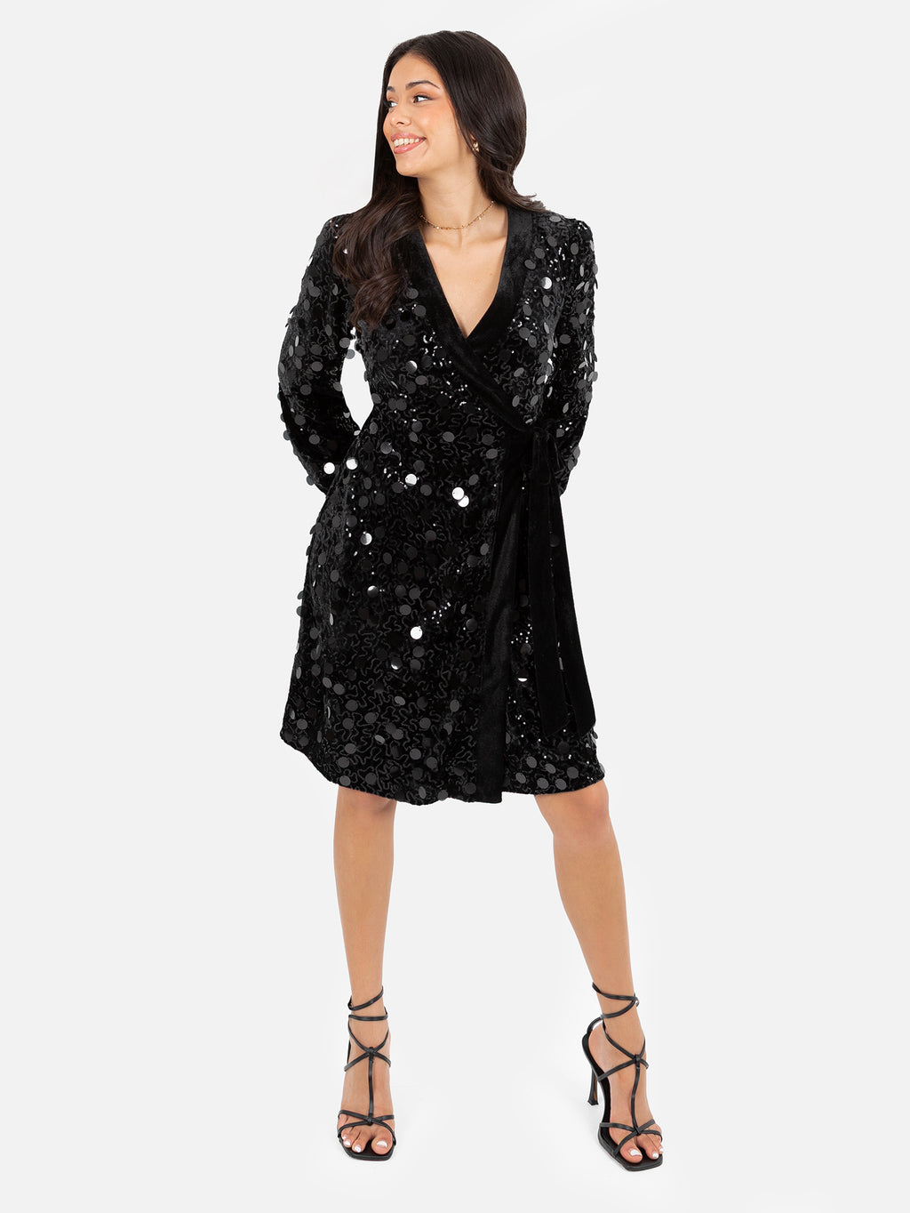 Lovedrobe Black Sequin & Velvet Trim Mini Wrap Dress