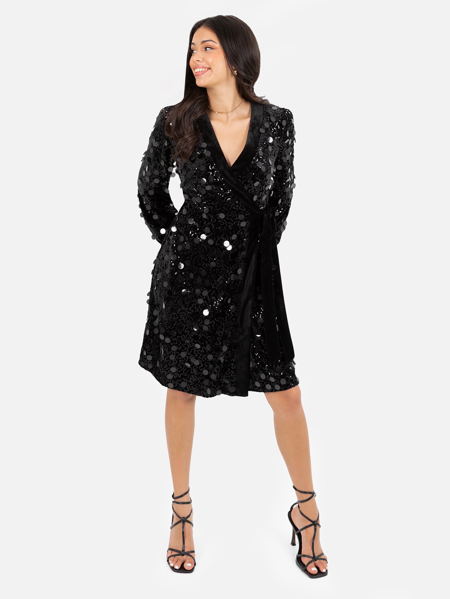 Lovedrobe Black Sequin & Velvet Trim Mini Wrap Dress
