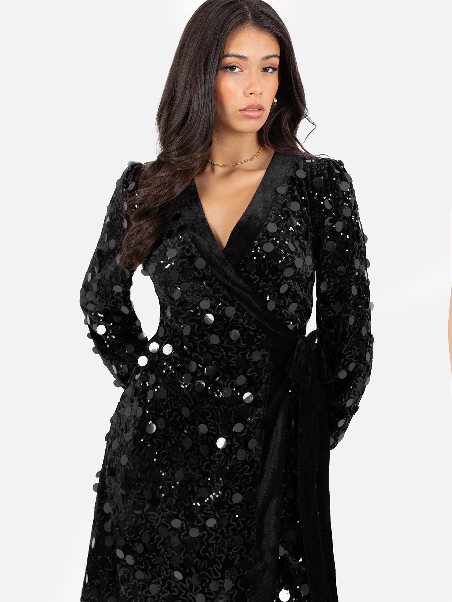 Lovedrobe Black Sequin & Velvet Trim Mini Wrap Dress