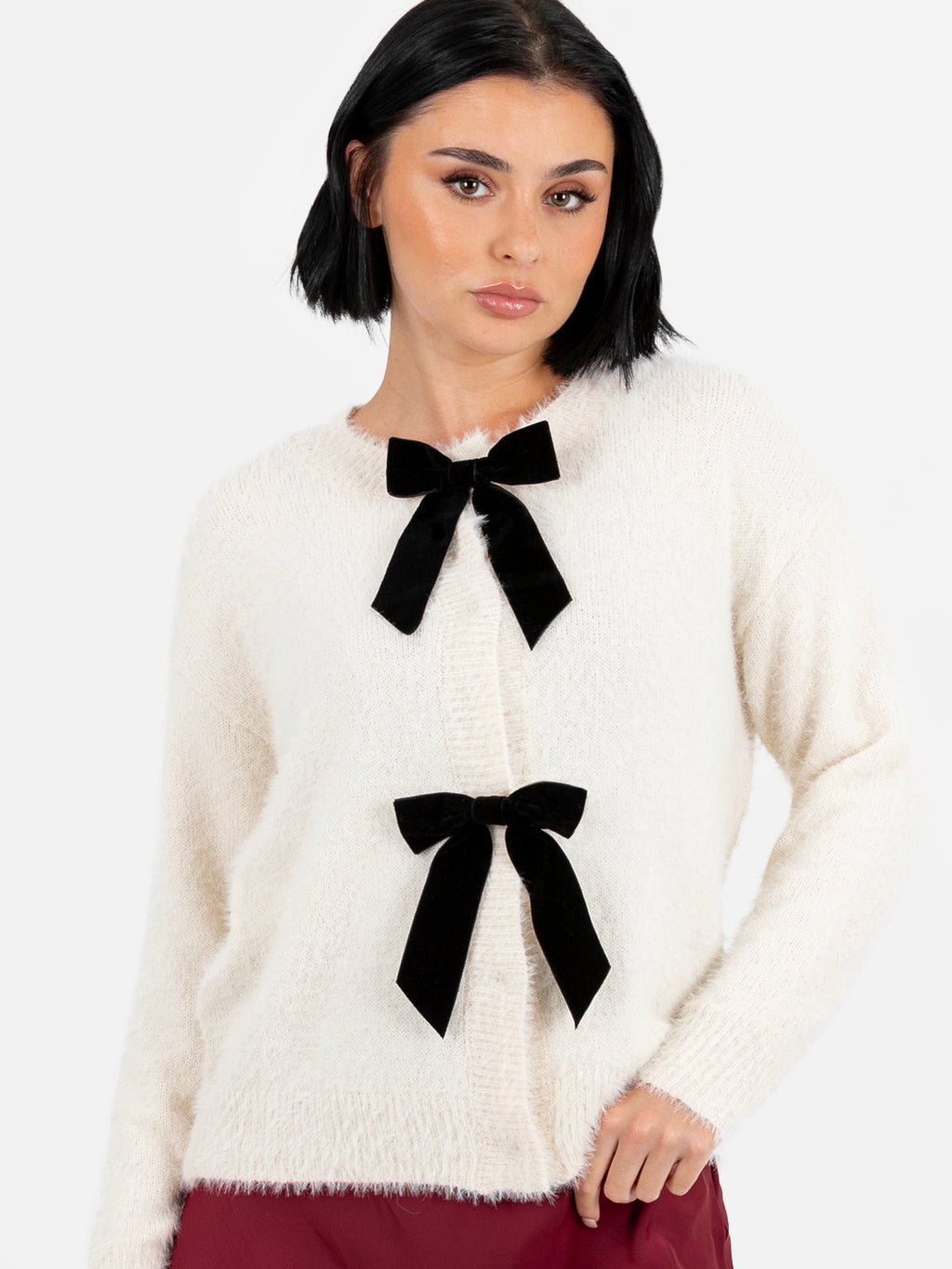 Lovedrobe Ivory Eyelash Knit Cardigan with Velvet Bow Detail