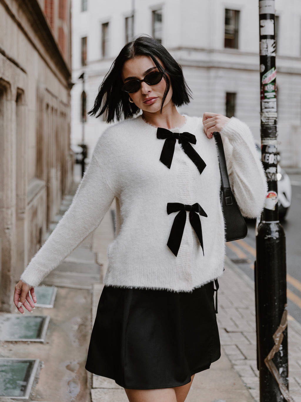Lovedrobe Ivory Eyelash Knit Cardigan with Velvet Bow Detail