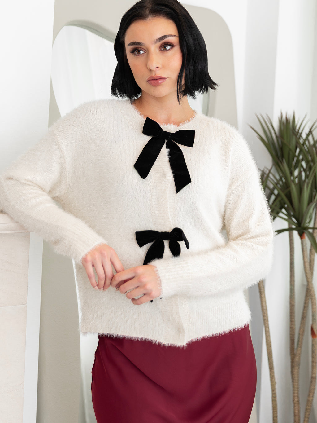 Lovedrobe Ivory Eyelash Knit Cardigan with Velvet Bow Detail