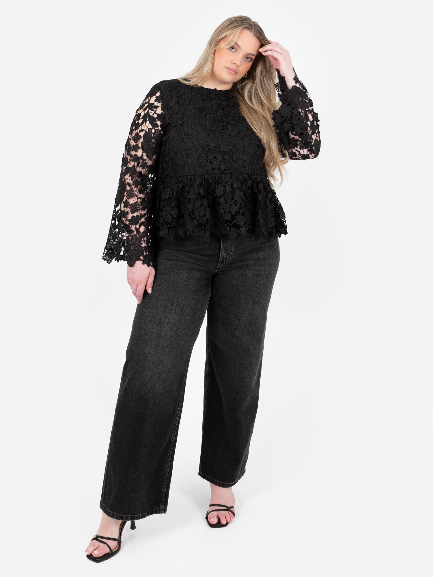 Lovedrobe Black Floral Lace Bell Sleeve Peplum Top