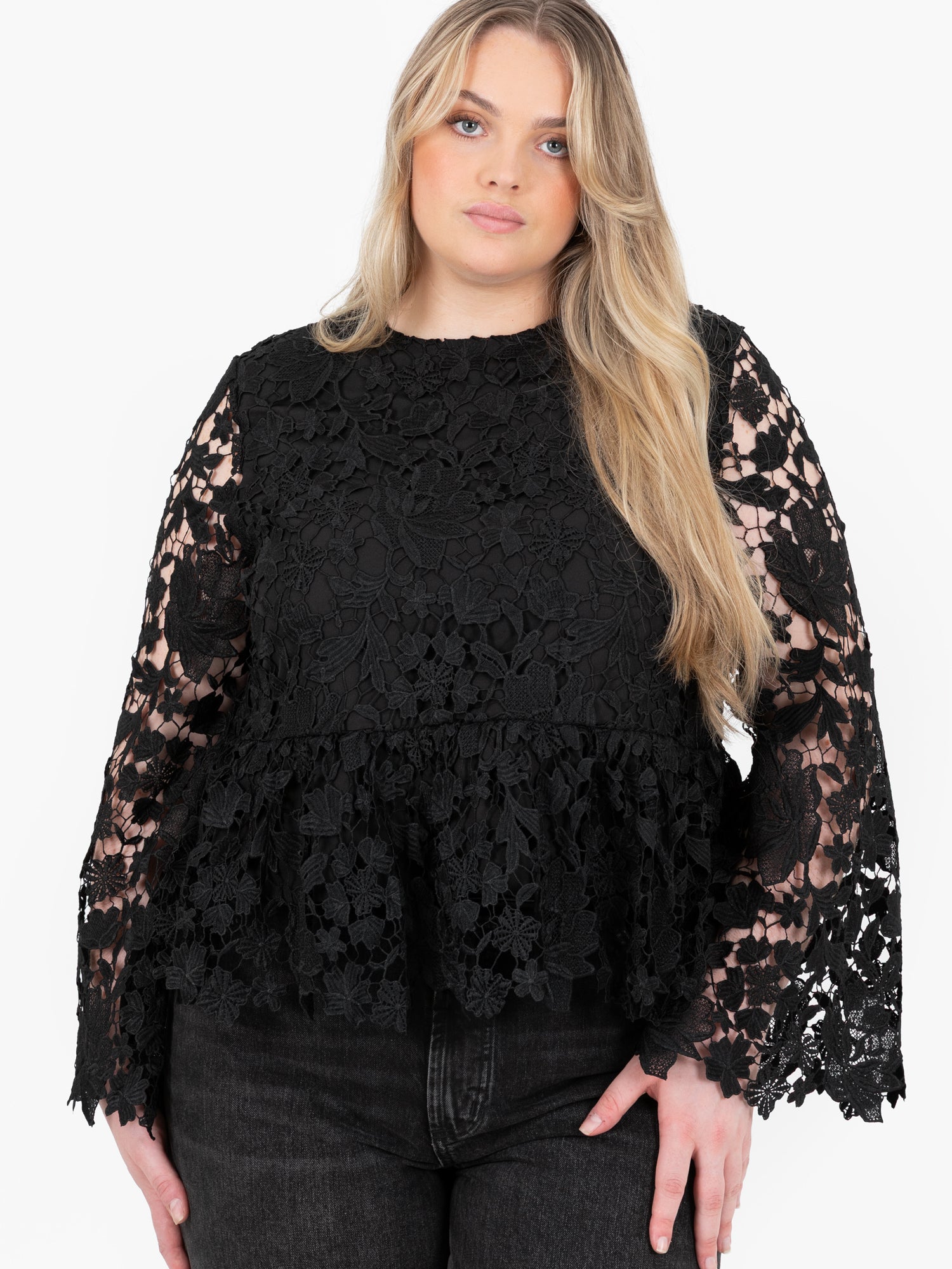 Lovedrobe Black Floral Lace Bell Sleeve Peplum Top