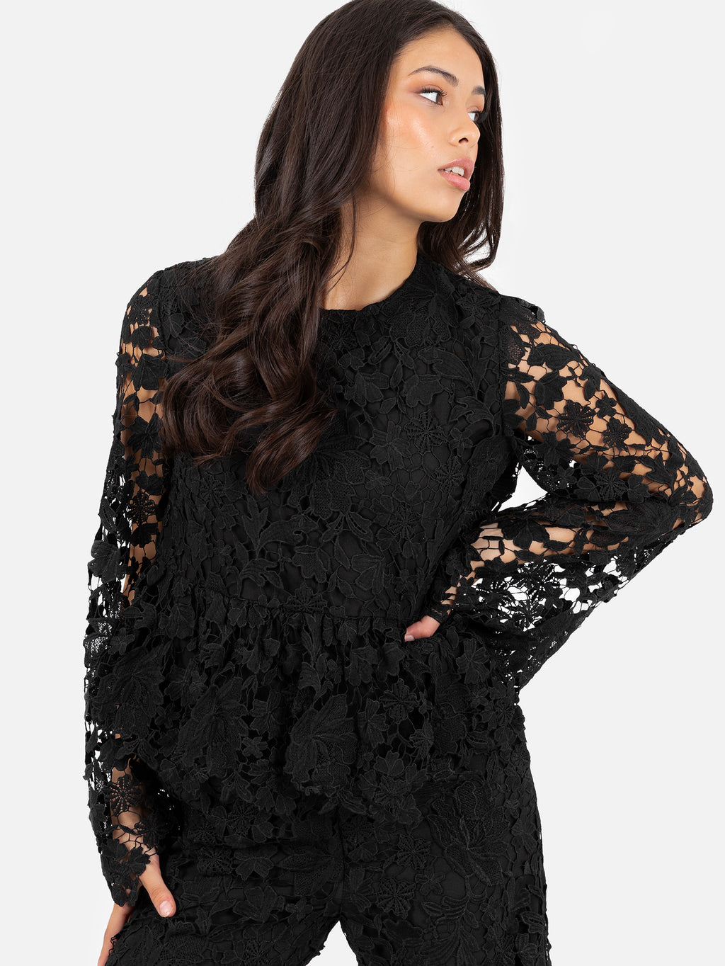 Lovedrobe Black Floral Lace Bell Sleeve Peplum Top