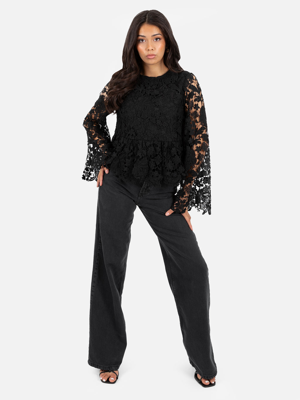 Lovedrobe Black Floral Lace Bell Sleeve Peplum Top