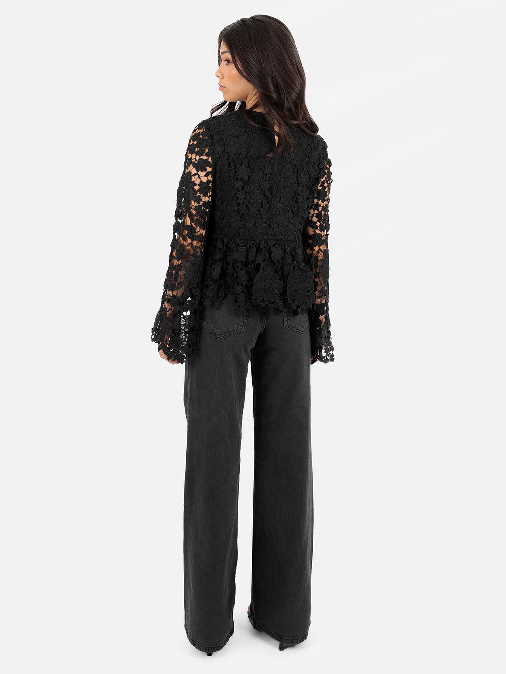 Lovedrobe Black Floral Lace Bell Sleeve Peplum Top