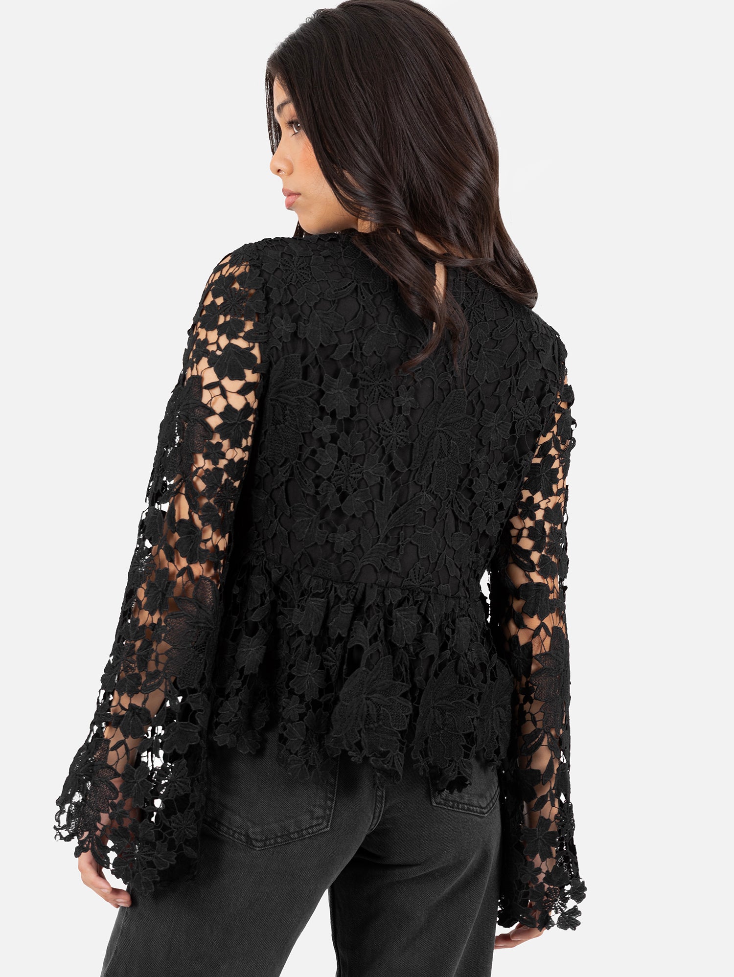 Lovedrobe Black Floral Lace Bell Sleeve Peplum Top
