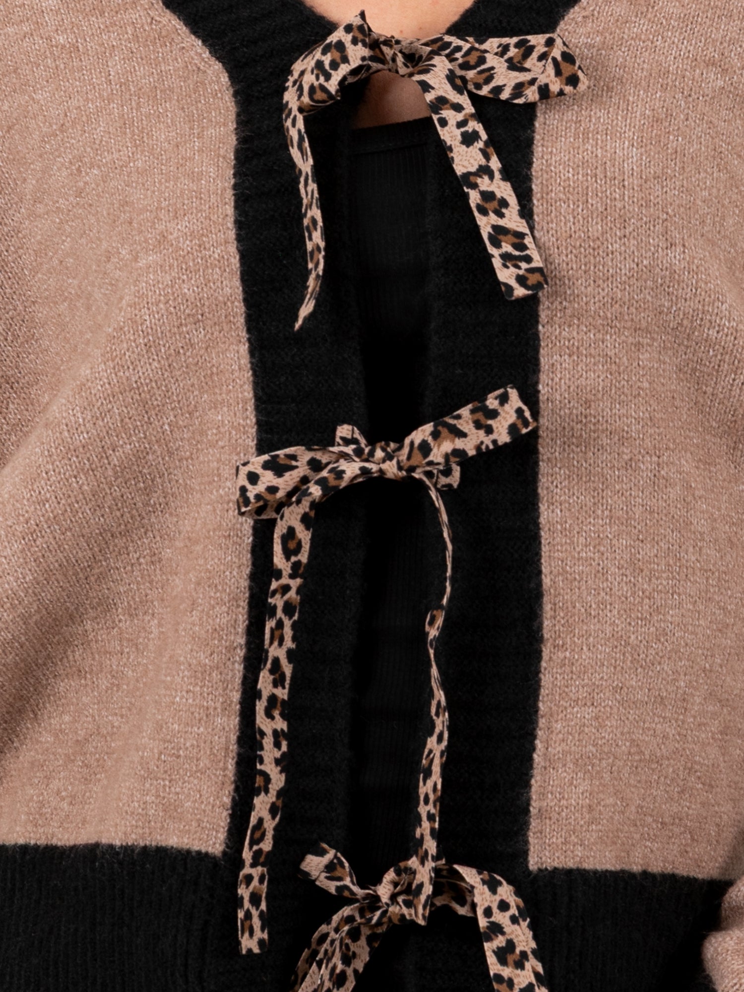 Lovedrobe Contrast Edge & Animal Print Ribbon-Tie Cardigan