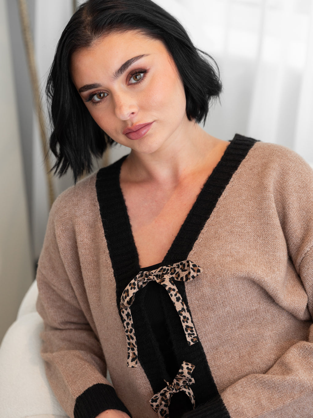 Lovedrobe Contrast Edge & Animal Print Ribbon-Tie Cardigan