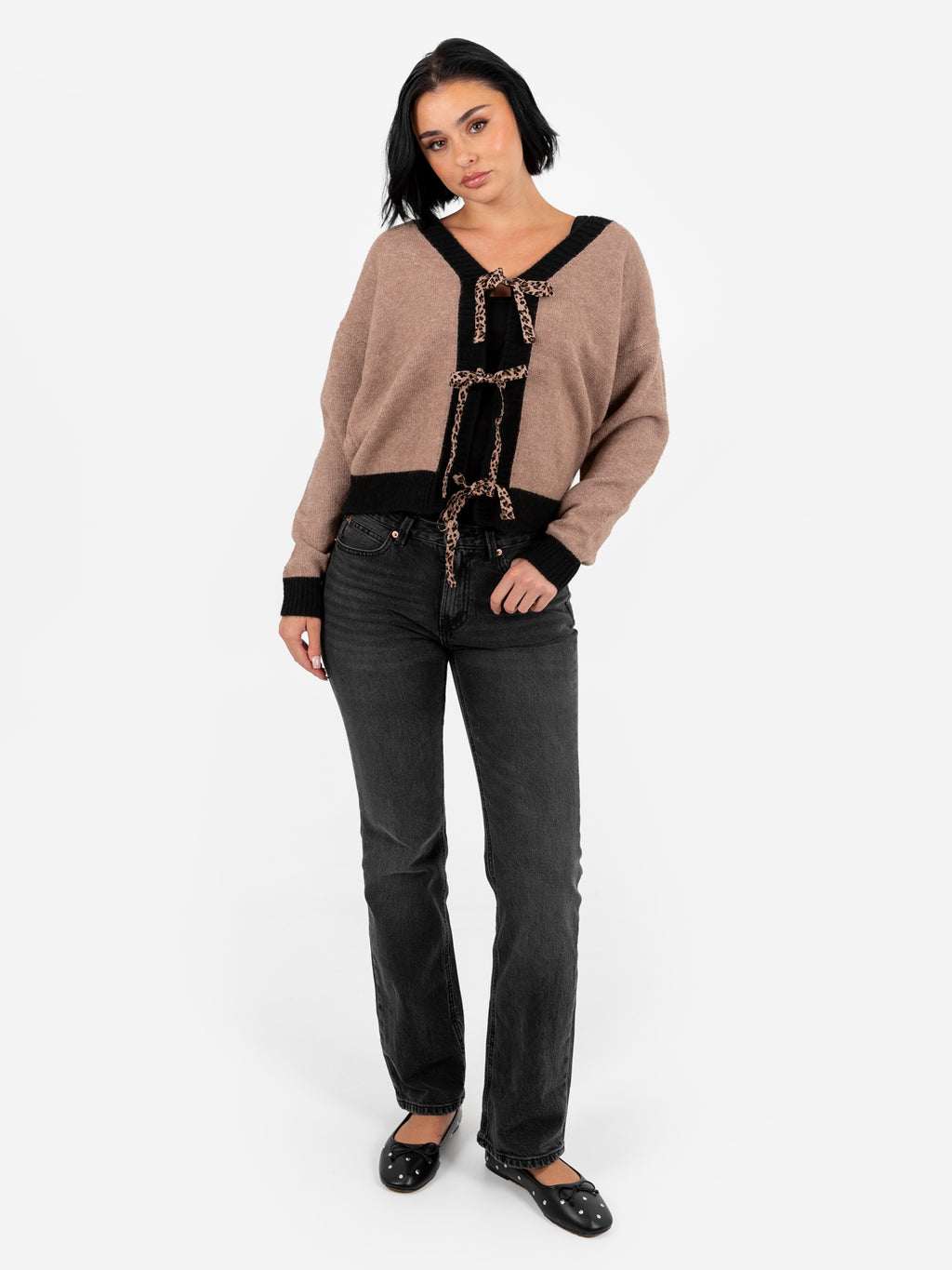 Lovedrobe Contrast Edge & Animal Print Ribbon-Tie Cardigan
