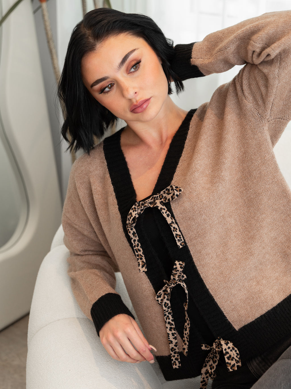 Lovedrobe Contrast Edge & Animal Print Ribbon-Tie Cardigan