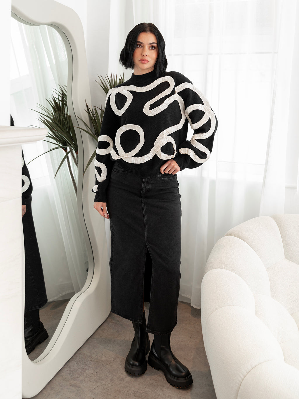Lovedrobe Black Jumper with Contrasting Satin Squiggle Applique