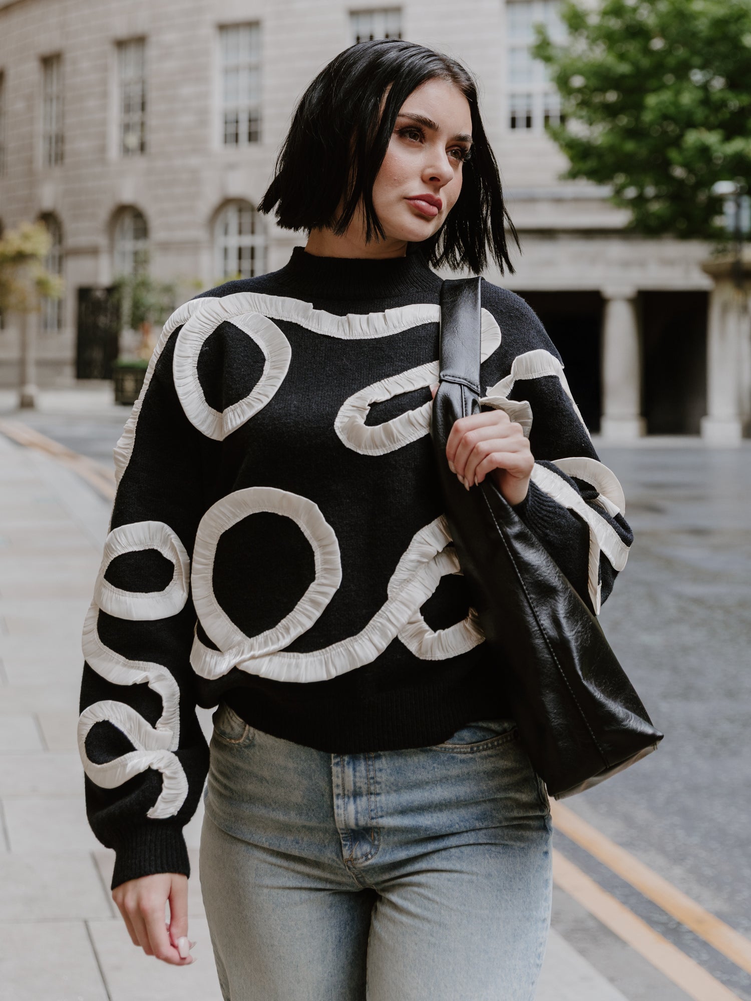 Lovedrobe Black Jumper with Contrasting Satin Squiggle Applique